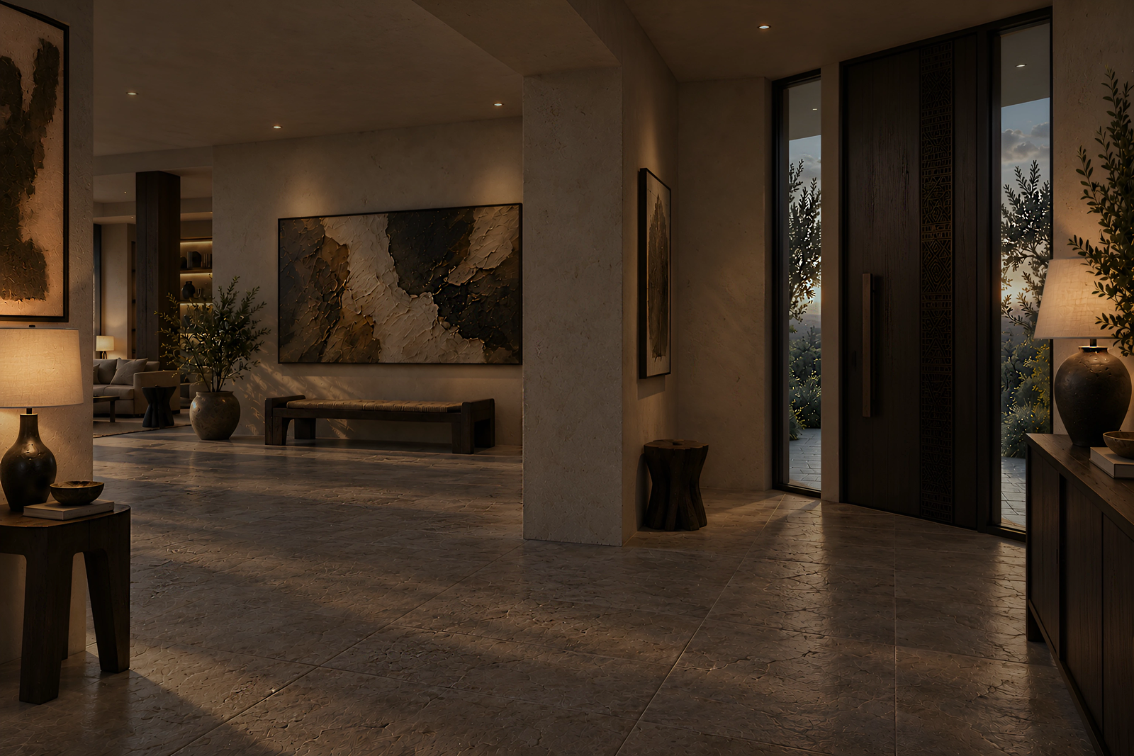 JDC Creatives, inkomhal met abstract kunstwerk en houten bank